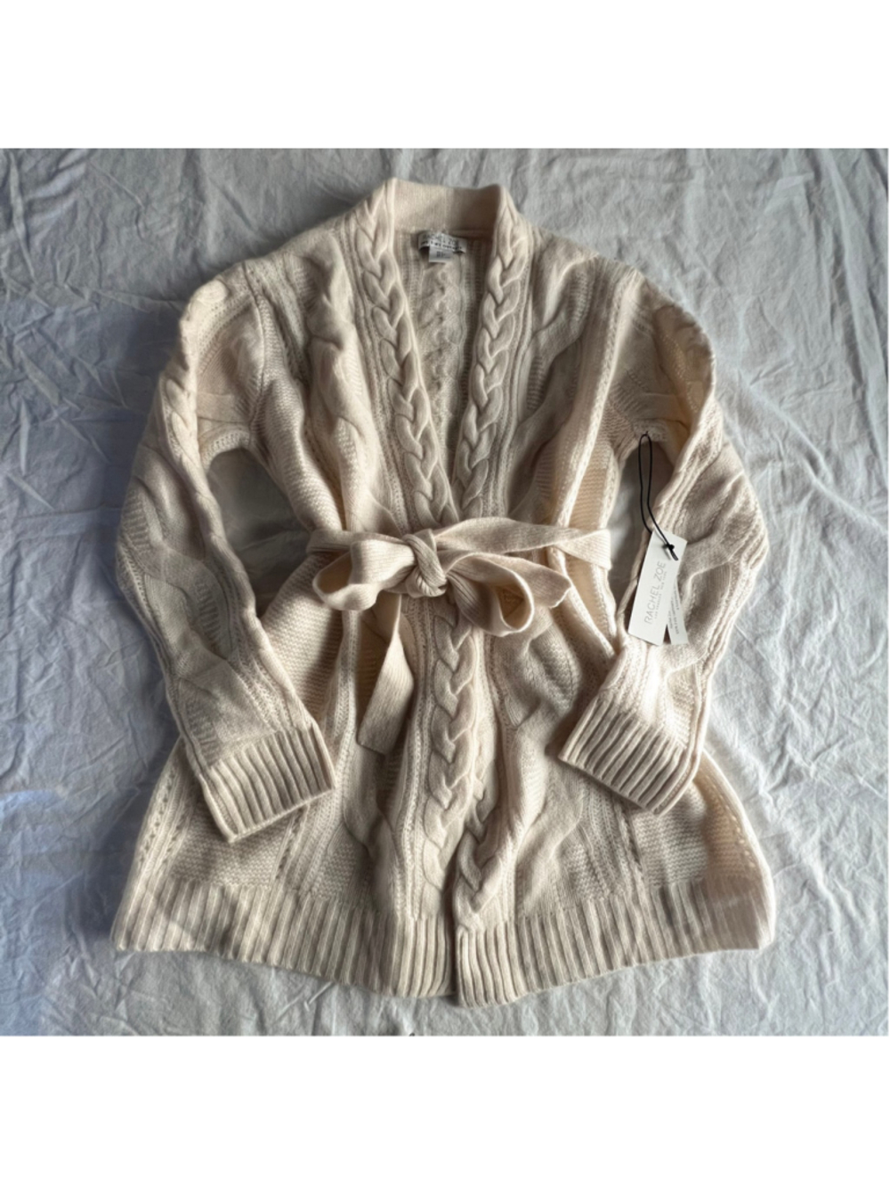 NWT Rachel Zoe Cream 100% 2-Ply Cashmere Cable Knit Belted Cardigan Sweater S - Picture 6 of 13